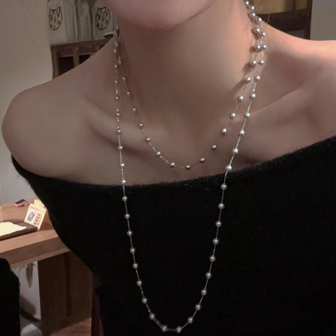 New Artificial Pearl Double Layer Stacked Necklace Cross-border Exquisite Fashion Clavicle Chain French Elegant Light Luxury Woolen Chain