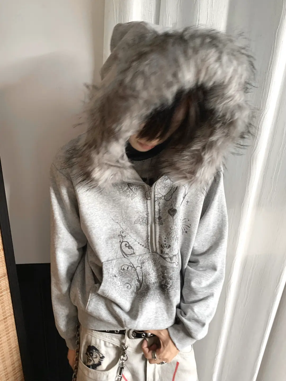 "Ueshima" y2k light hair collar hooded Print Sweatshirt cleanfit Loose half zipper Outwear men
