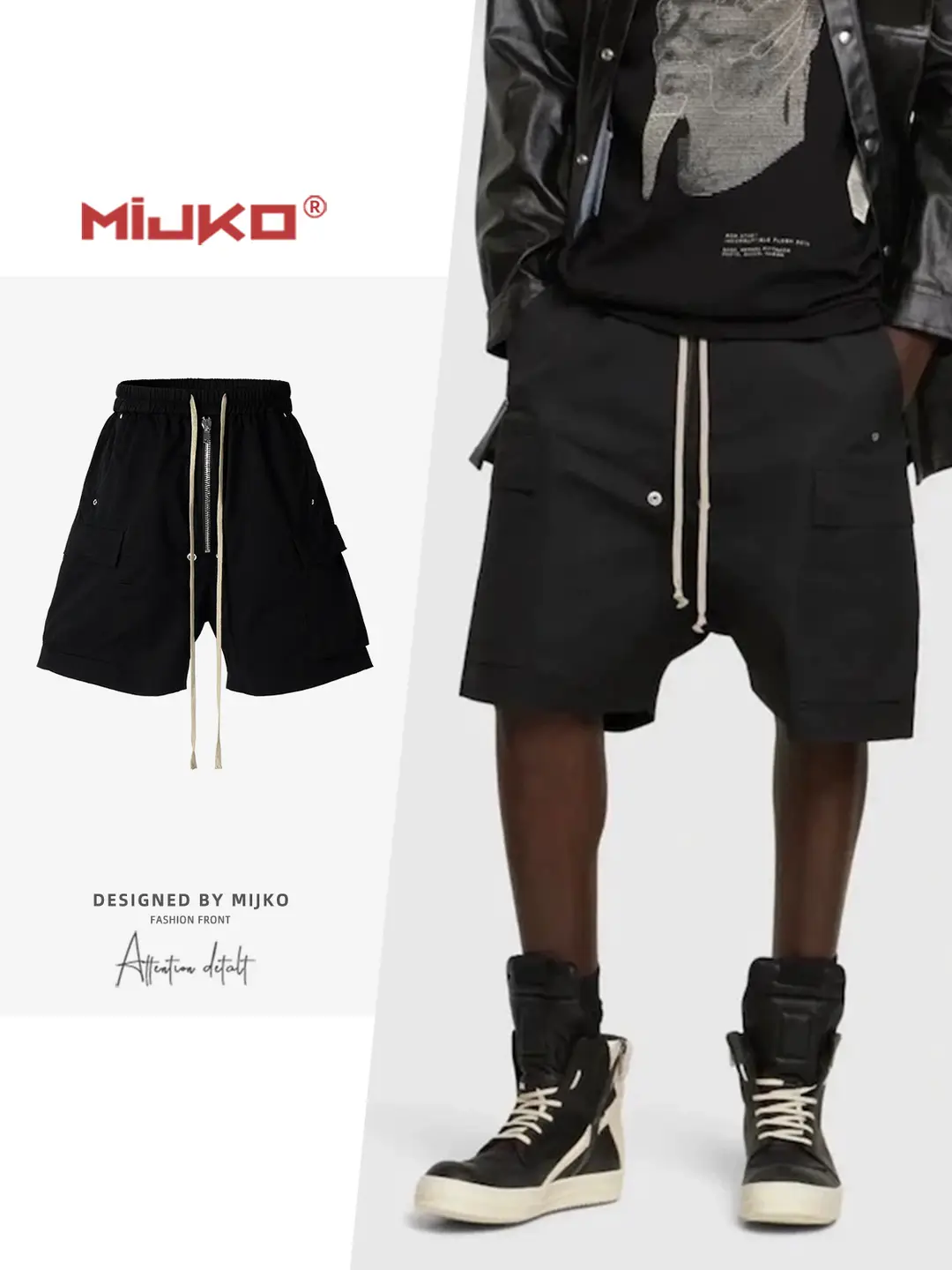 MIJKO Men's Women's Spring and Summer Dark RICK Style Tooling Shorts Men's and Women's Long Drawstring Zipper Decorative Pants