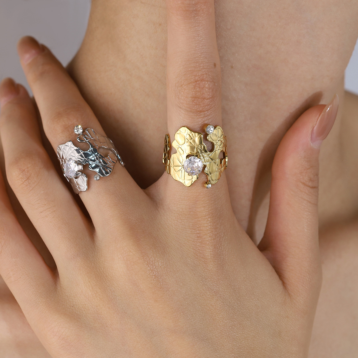European and American Cross-Border New Versatile Rings with Unique Irregular Texture and Diamond Inlays, Adjustable Rings for Women, Summer Jewelry Wholesale