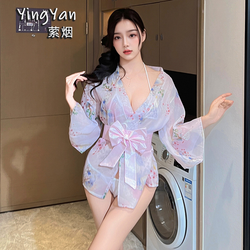 Sexy Lingerie Kimono Bathrobe Set Uniform Temptation Print Japanese Bow Sexy Japanese Pajamas New Style