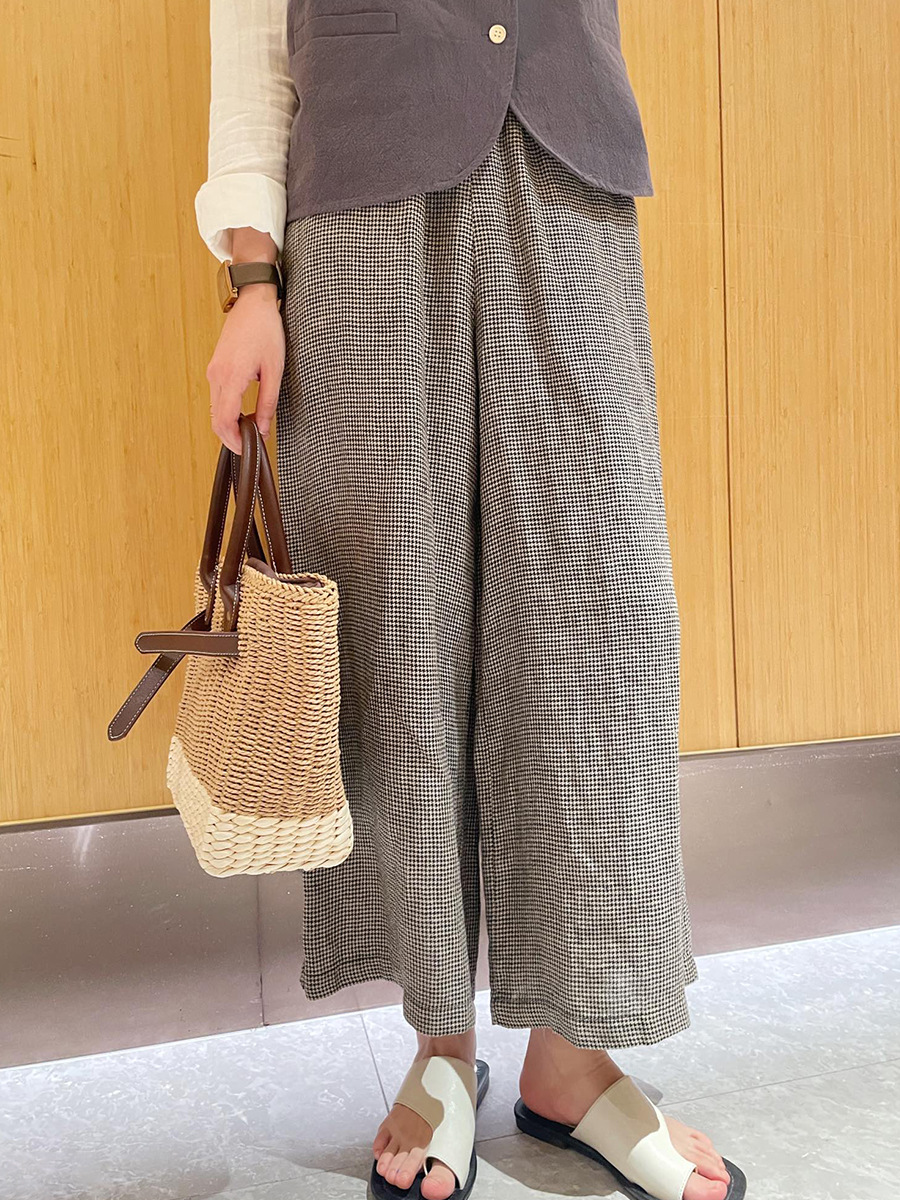 Japanese-Style Lazy Style Outfit: Thin Linen Wide-Leg Pants with Elastic Waist, Nine-Point Straight Cut