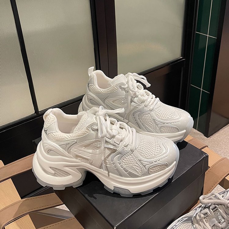 Putian Dad Shoes for Women, Breathable Mesh, Silver Thick Sole, Heightening Soft Sole, Student Rubber Casual Shoes, Girls' Internet Celebrity Shoes