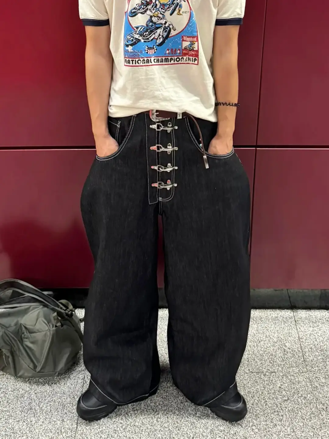 Airplane Button Silhouette Scimitar Jeans Men's American Baggy Retro Niche Design Loose Washed Wide Leg Pants