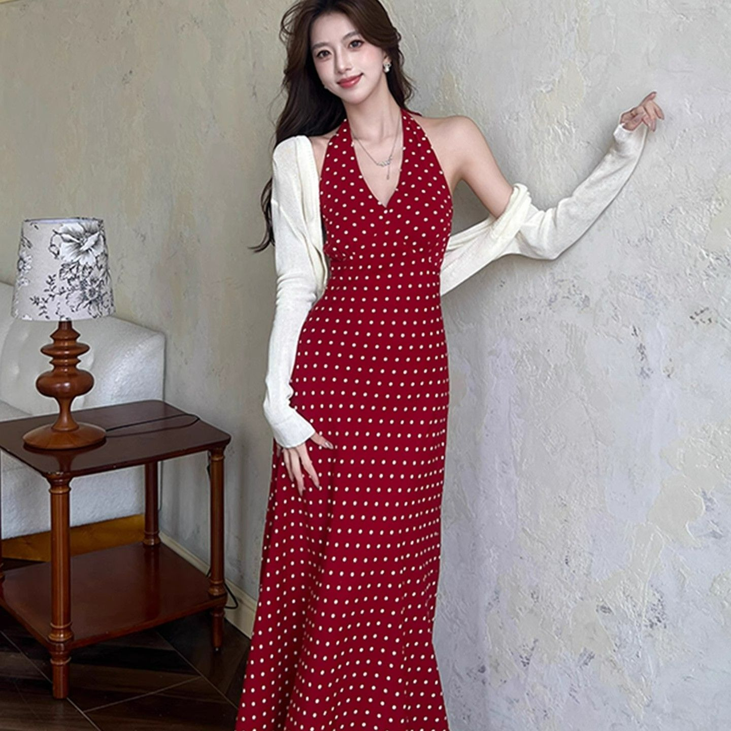 French Retro Sweetheart V Neck Red Polka Dot Halter Dress Women's Summer Backless Strapless Sleeveless Vest Long Dress
