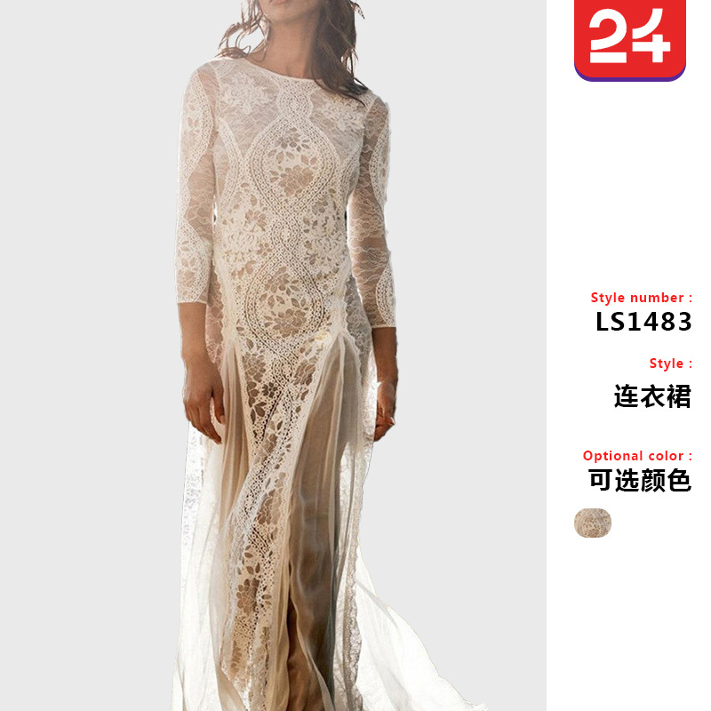 2025 Spring New European and American Dress Round Neck Long Sleeve Hollow Backless Lace Celebrity Banquet Wedding Dress