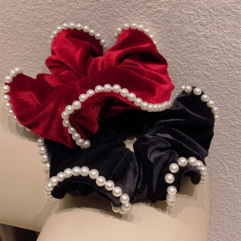 Velvet Pearl Large Intestine Hair Ring Women's High-grade Feeling Ball Head Tie Pone Tail Hair Rope Hair Accessories Disc Hair Elegant Headwear