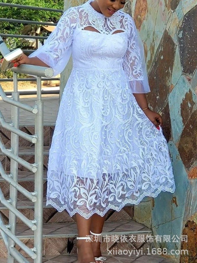 Amazon Cross-Border European and American Foreign Trade New High-End Sexy Plus-Size Lace Mesh Dress Long Dress Evening Gown