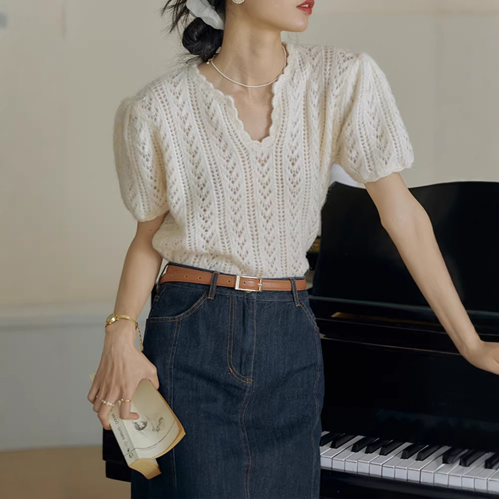 French-Style Retro Mohair Hollow-Out Knit Sweater for Women, 2026 Summer Thin Pullover, Casual Short-Sleeve Elegant Top