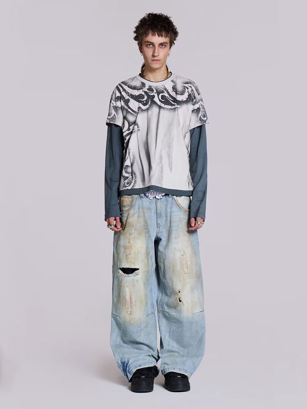 Cross-Border Trendy Straight-Leg Jeans with Hand-Painted Graffiti American Hip-Hop Style Summer New Casual Versatile Long Pants