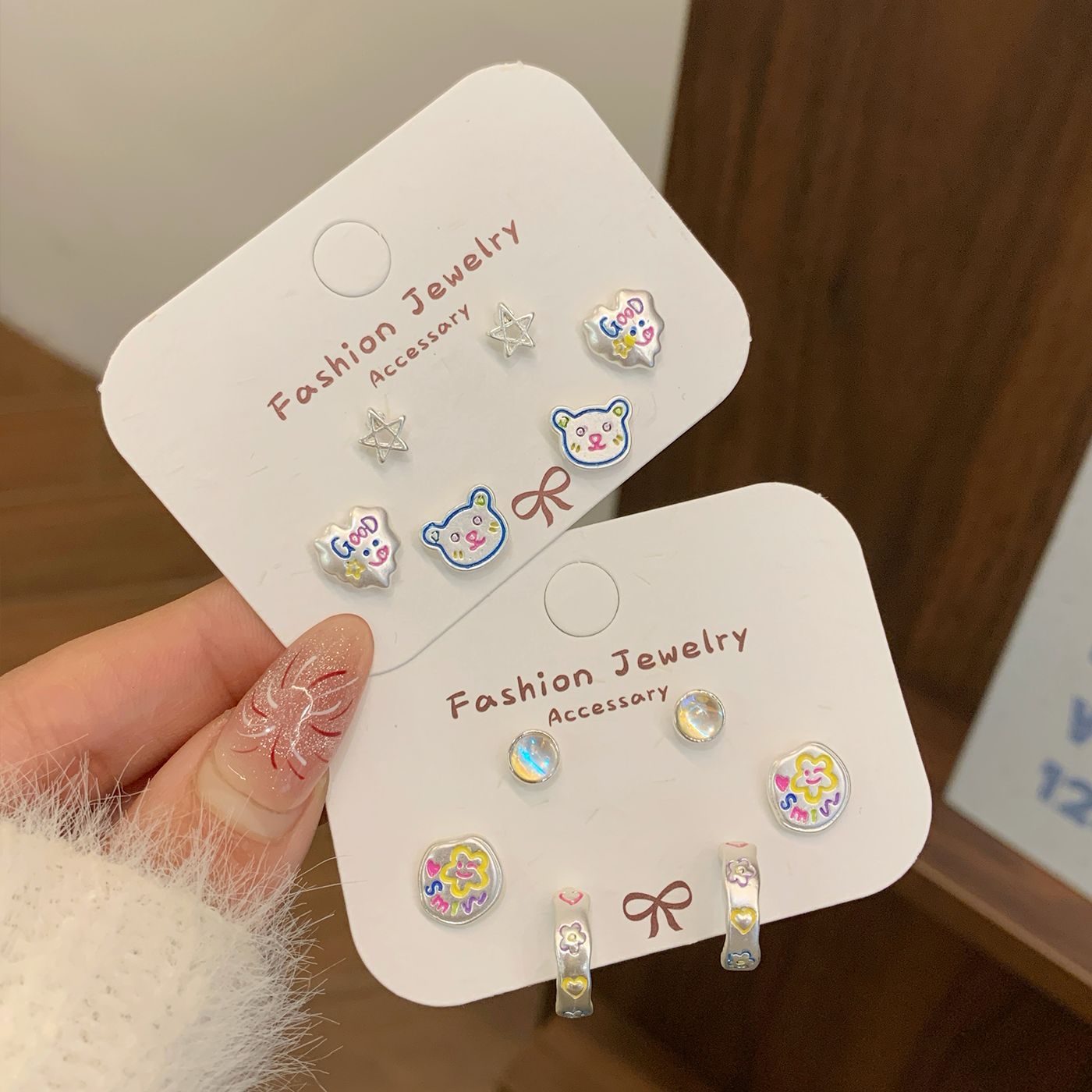 Spring 2025 Color Hand-painted Smiley Face Flower Silver Earrings Silver Needle Girl Cartoon Bear Fun Student Earrings