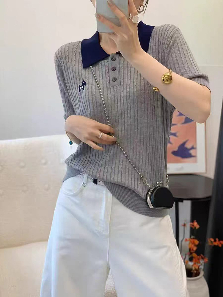 Summer Braided Embroidery Button-Down Lapel Short-Sleeve Women's Elegant Slim-Fit Versatile Knit Top