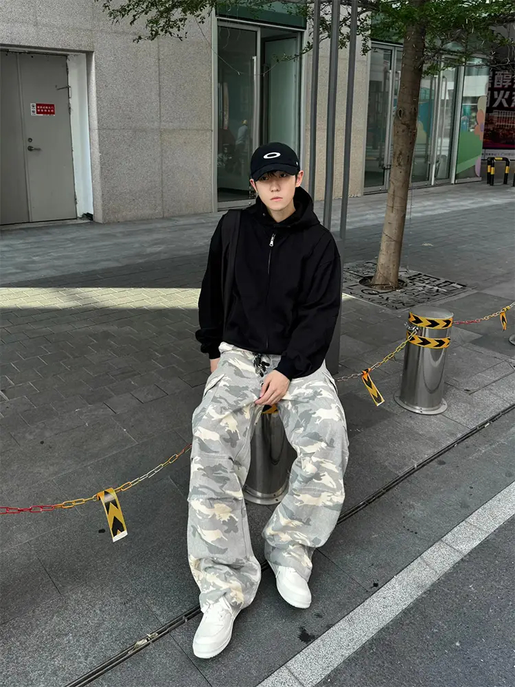 Light Yellow Camouflage Cargo Pants for Men, Autumn and Winter American Style Trendy High Street Pants, Casual Straight-Leg Cleanfit Wide-Leg Pants