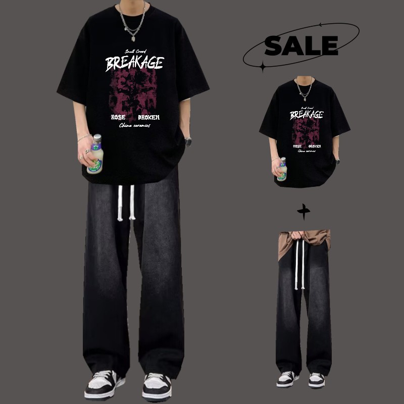 Short-sleeved T-shirt suit boys summer fashion clothes set with teenagers cool handsome wear two-piece men's clothing