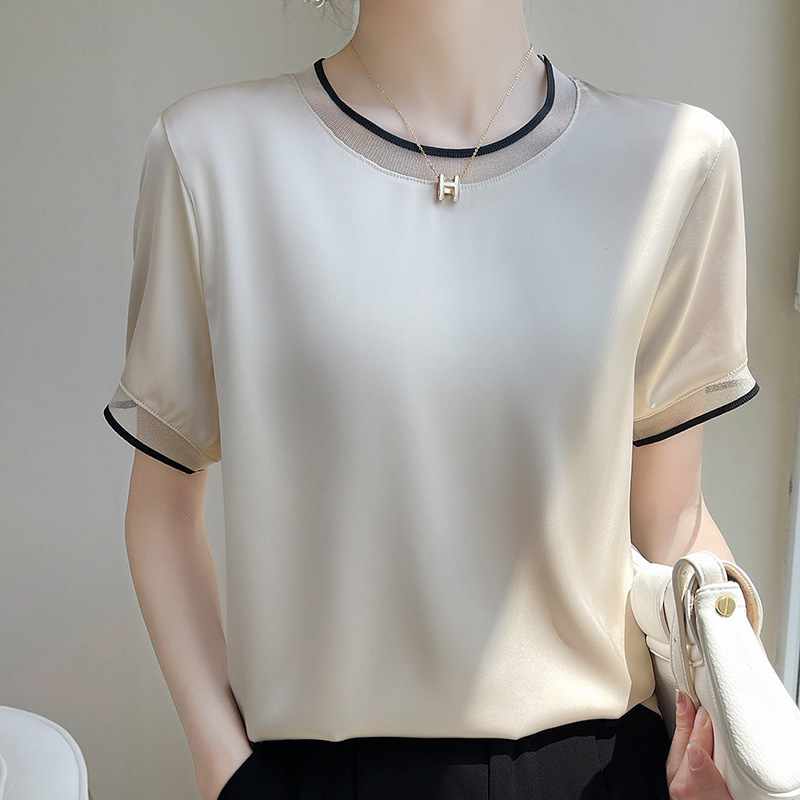 Summer Silk Satin Mesh Patchwork Round Neck Short-Sleeved T-Shirt Top for Women, Mulberry Silk Versatile Women's Clothing, Loose and Slimming