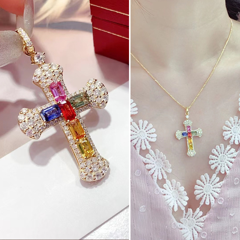 Light Luxury Full Diamond Simulation Tourmaline Sapphire Pendant Women's Fashion Candy Series Cross Rainbow Gem Pendant