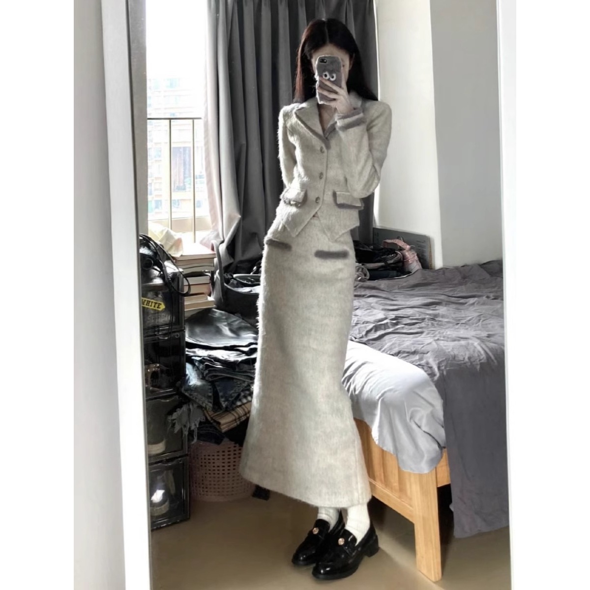 Rich daughter small fragrant style wool suit women's autumn and winter atmosphere color matching suit jacket half-length skirt two-piece set