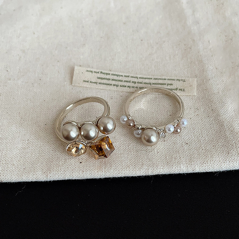 Starry Sparkle~High-End Champagne Gold Pearl Open Ring for Women, Light Luxury Style Index Finger Ring, Stackable Ring