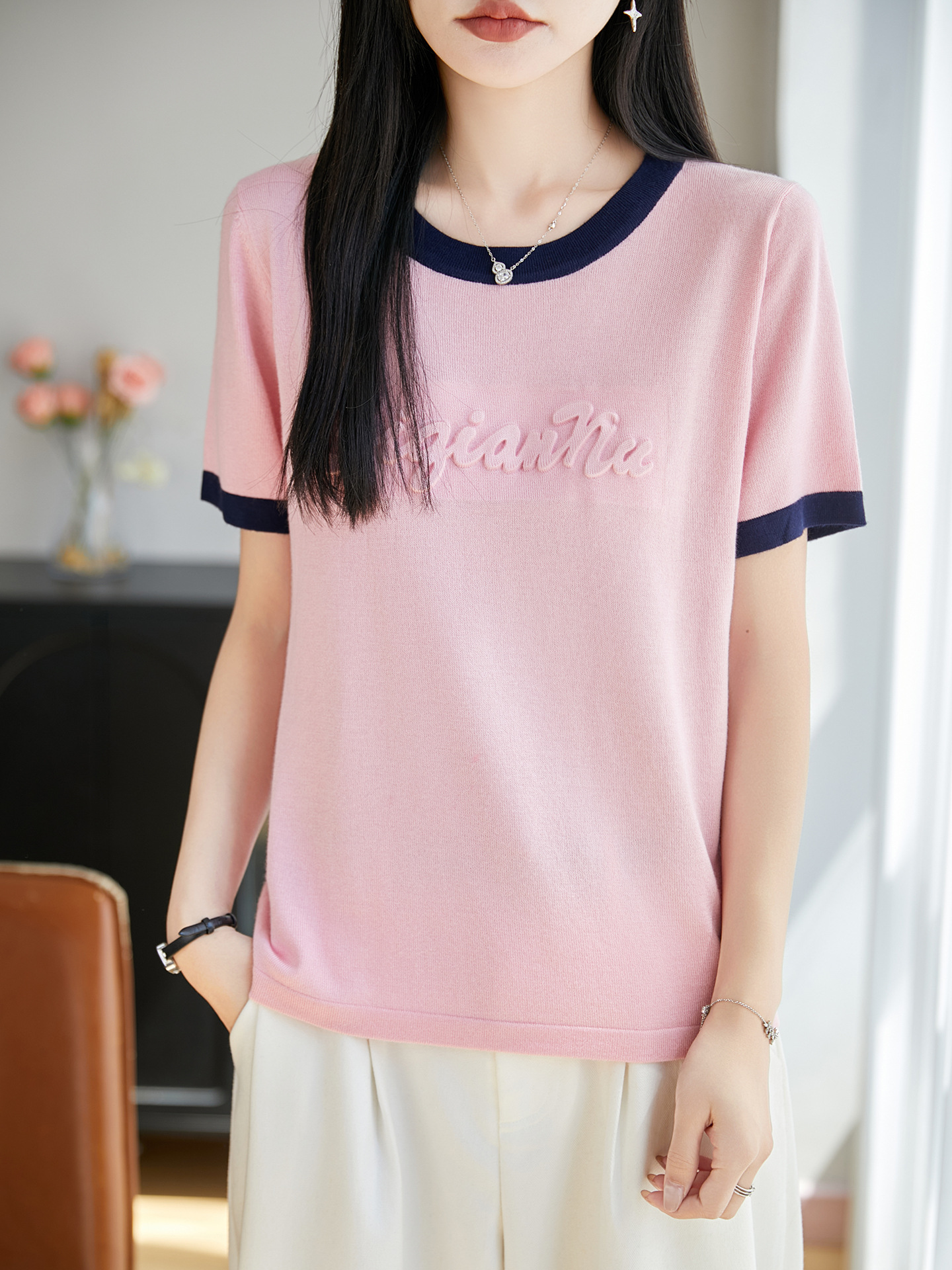 Summer Color-Blocked Round-Neck Mercerized Cotton Knit Short-Sleeve T-Shirt for Women with 3D Letter Jacquard, Loose and Versatile Base Layer