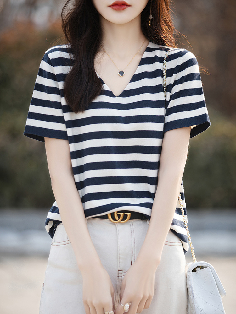 Summer New Cotton T-shirt Women's Loose Simple Atmospheric V-neck Color Stripe Short Sleeve Fashionable All-match Top for Women
