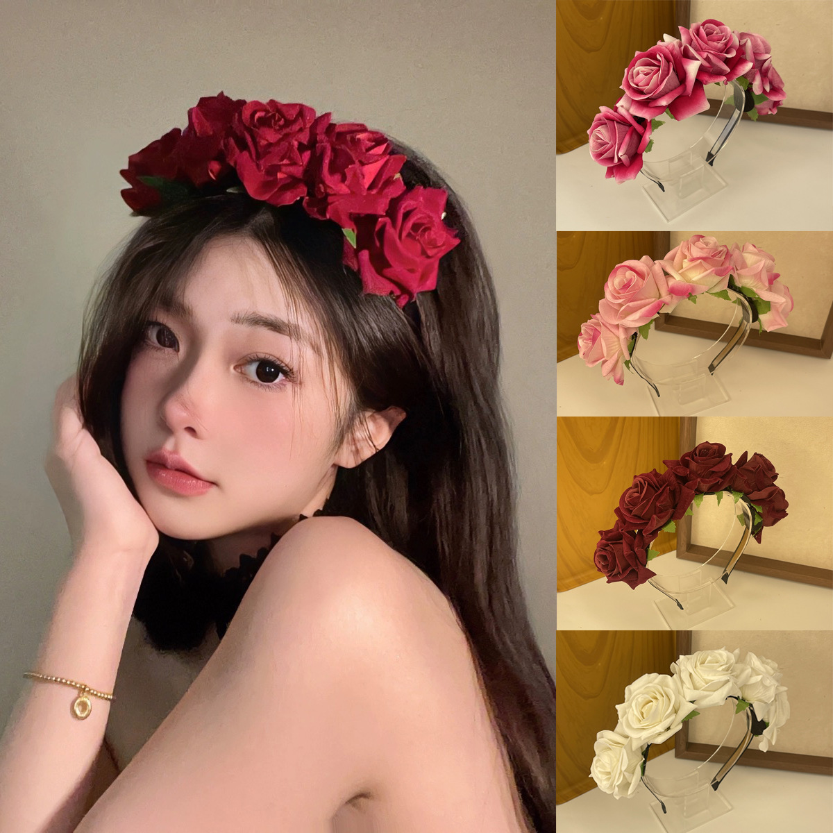Vintage Velvet Red Rose Flower Headband Lolita Cosplay Gothic Girl Headwear Rose Flower Handmade Versatile