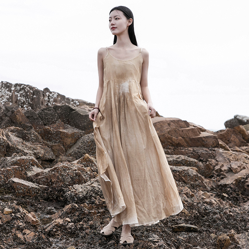 Xia Mo Nian's Self-Made Gradient Multi-Color Ruffled Plant-Dyed Ethereal Fairy-Style Travel Photography Strap Dress