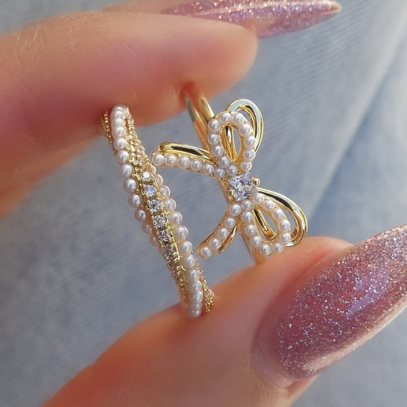 2025 New Bow Pearl Ring Copper Plated 14K Real Gold Accessible Luxury High-End Twisted Rope Niche Open Ring