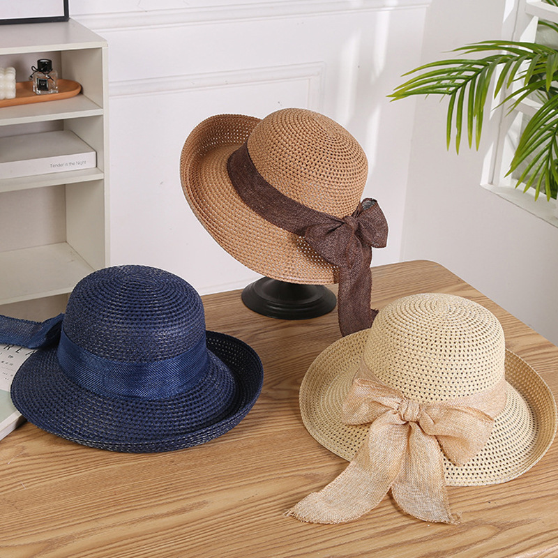 Korean Style Bow Big Edge Straw Hat Summer Women's Sunscreen Sun Hat Curled Beach Sun Hat Vacation Cool Hat