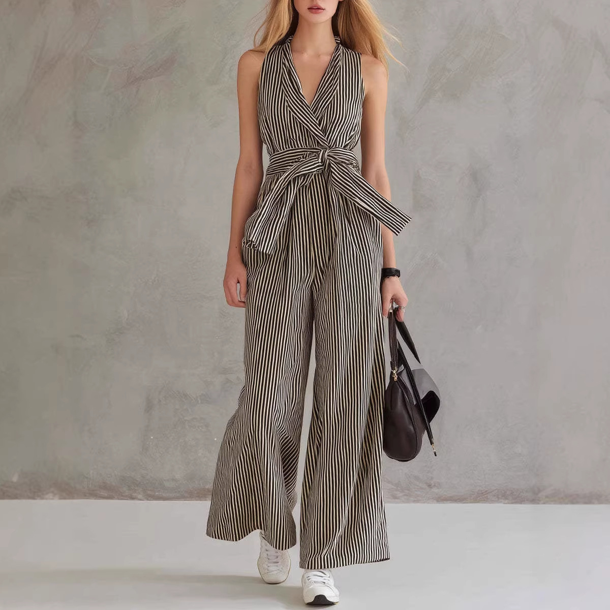 2026 Amazon Independent Site Cross-Border Buttonless Sleeveless Shirt High-Waisted Wide-Leg Slim-Fit Professional Casual Printed Stripes