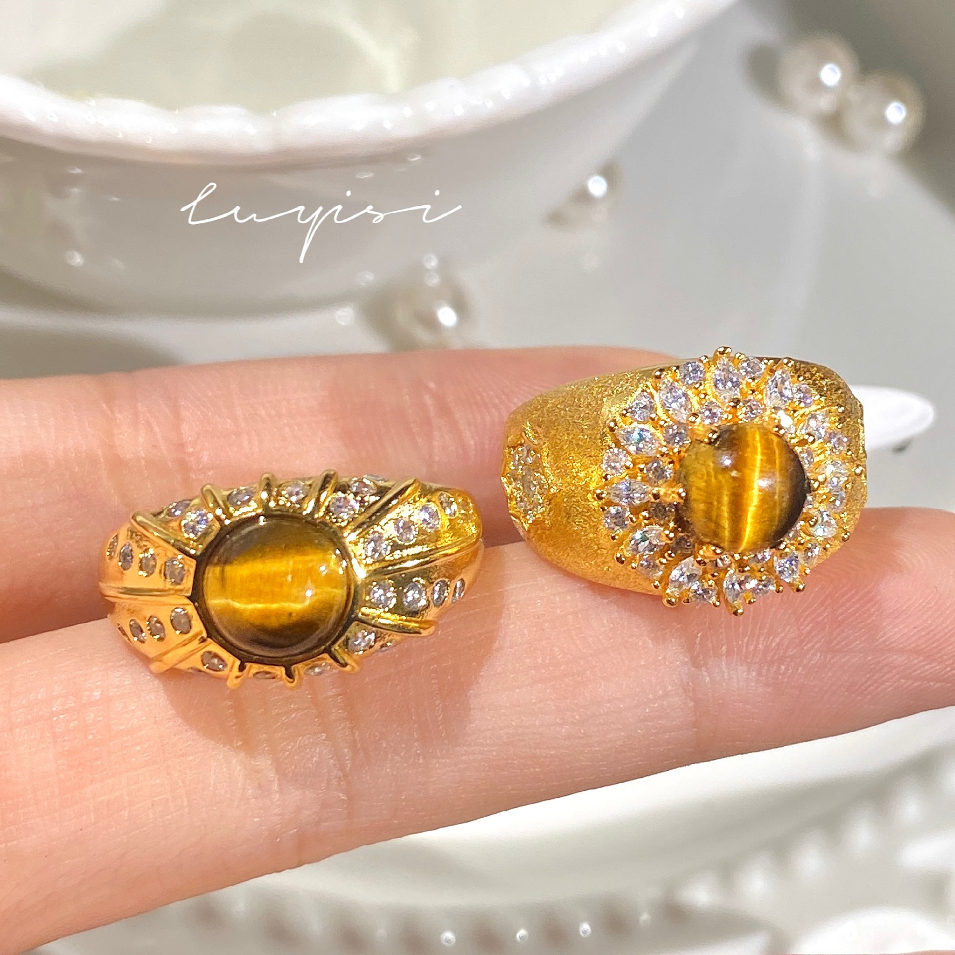 New Style Brained Maillard Natural Tiger Eye Ring Light Luxury High-end Sense Overlapping Super Flash Micro Set Wide Finger Ring