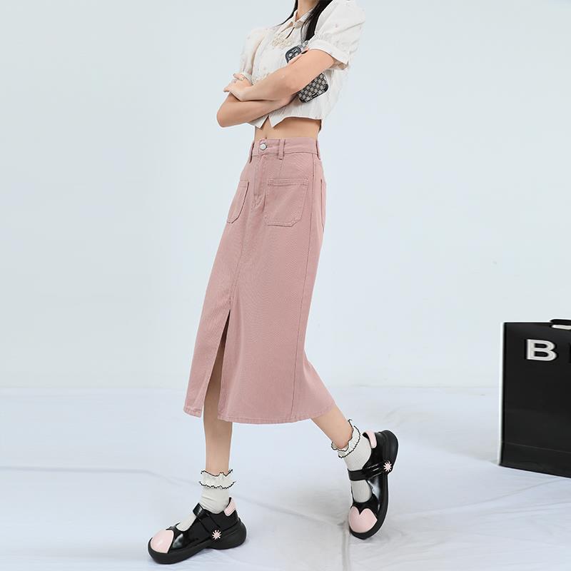 Dirty Pink Denim Skirt Girl's Summer New All-Match Small High Waist Slimming Split Double Pocket Skirt