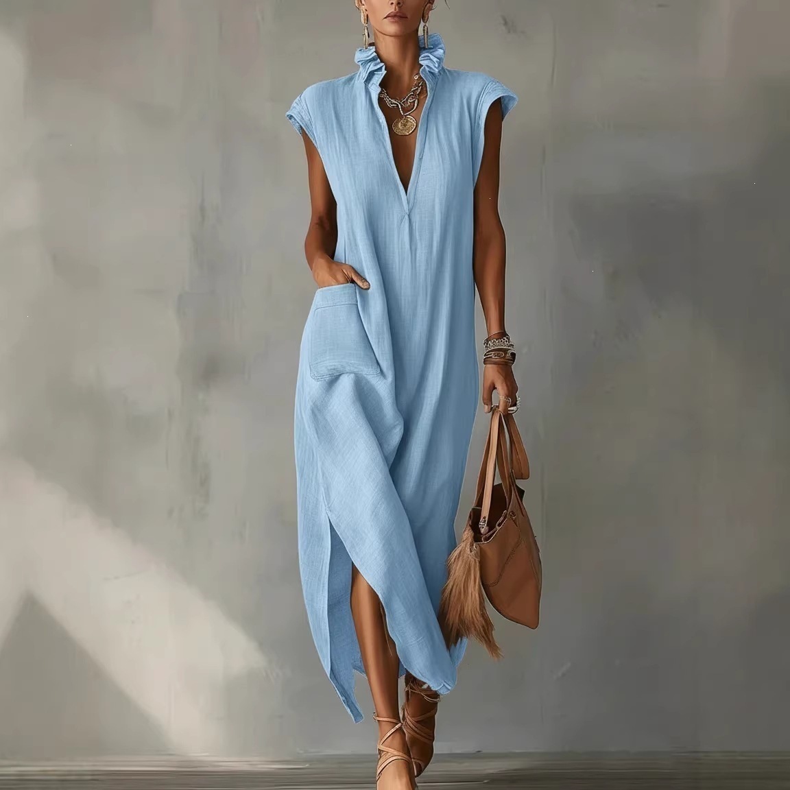 2026 European and American Cross-Border New Summer Women's Dress Cotton and Linen Sleeveless Solid Color Amazon Loose V-Neck Casual