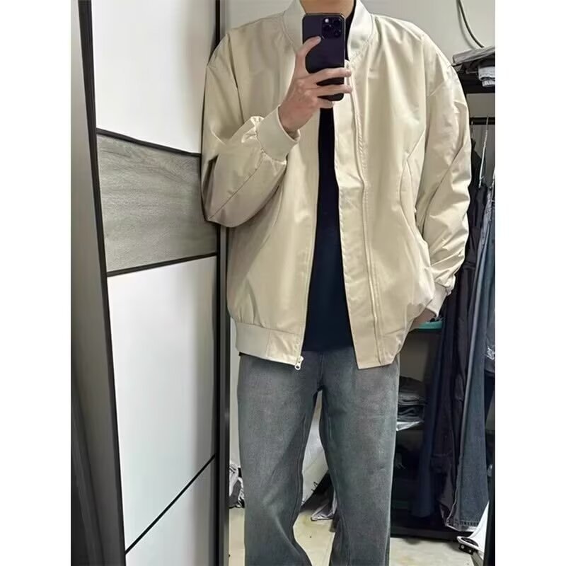 American-style Bomber Jacket Men's Spring and Autumn Style Vertical Collar Baseball Suit High-grade Sense Plumpish Handsome Light Color Early Spring Jacket