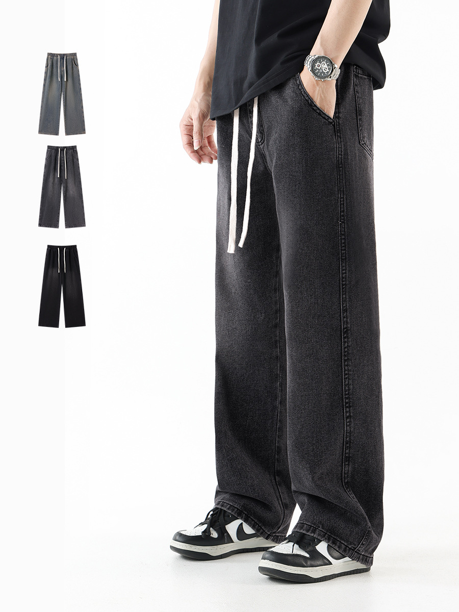 2025 Spring and Autumn New American Style Drawstring Jeans Men's Loose Versatile Casual Long Pants Trendy Washed Men's Trousers