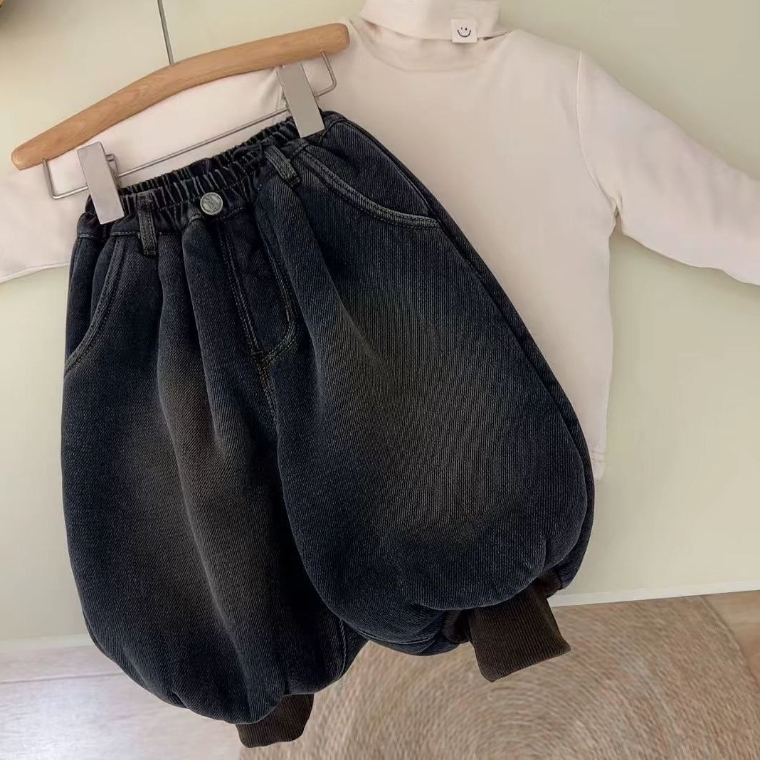 Boys and Girls Winter Jeans Baby's Western Style Children's Personalized Trendy Brand Korean-style Thickened One-piece Velvet-toe Bloomers