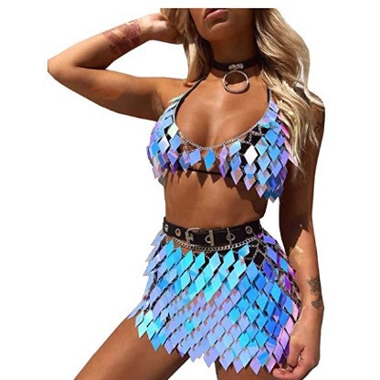 European and American Cross-Border Jewelry Shiny Multi-Layer Alloy Sequin Skirt Waist Chain Necklace Sexy Accessory Set Body Chain Chest Chain