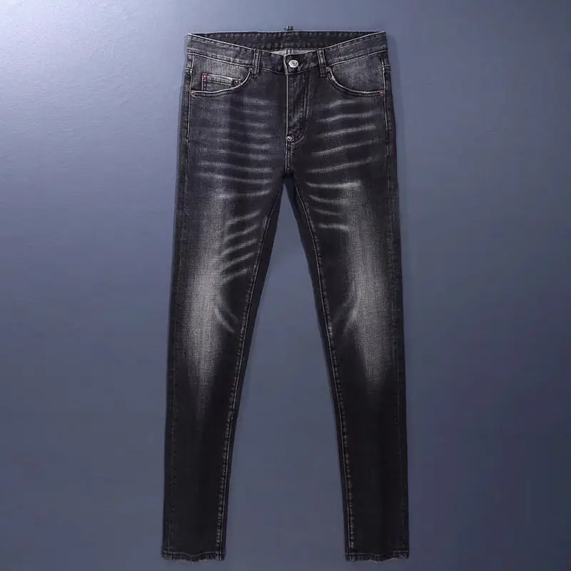 European and American Street Fashion Retro Men's Jeans Distressed Black and Gray Washed Ripped Trendy Brand Slim Stretch Skinny Pants