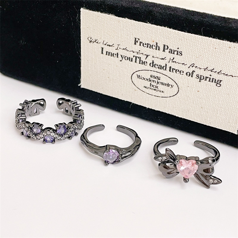 Dark Sweet Cool Bow Pink Zircon Open Ring Ins Cold Style Punk Personality Exquisite Stacked Ring