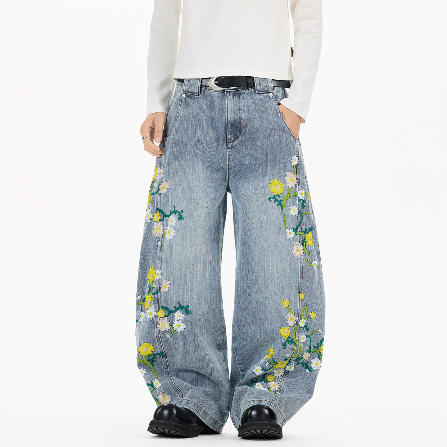 Floral Embroidery Loose Straight-Leg Jeans for Men and Women, American Style Trendy Casual Lazy Style Drapey Wide-Leg Curved Pants