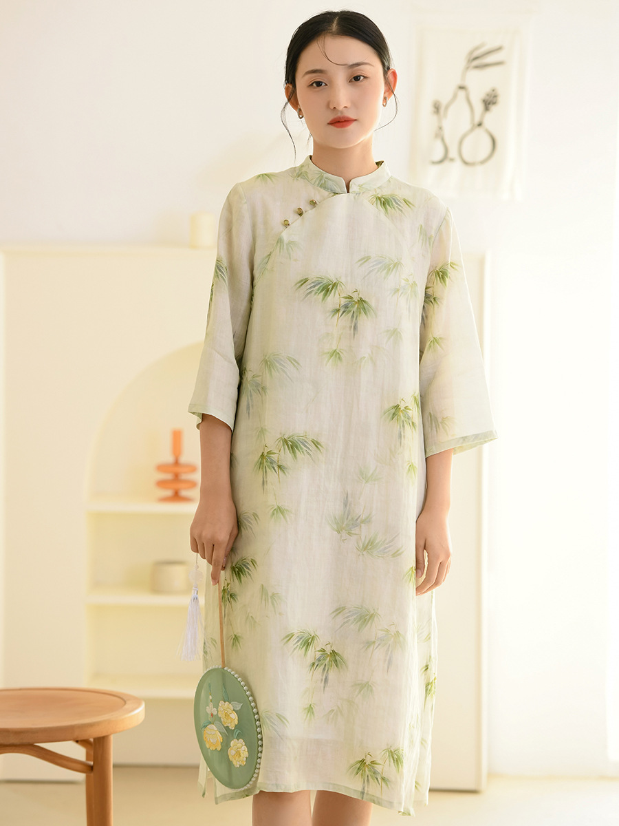 New Chinese cotton and linen women's clothing spring and summer new modified cheongsam skirt retro tea art national style ramie dress wholesale