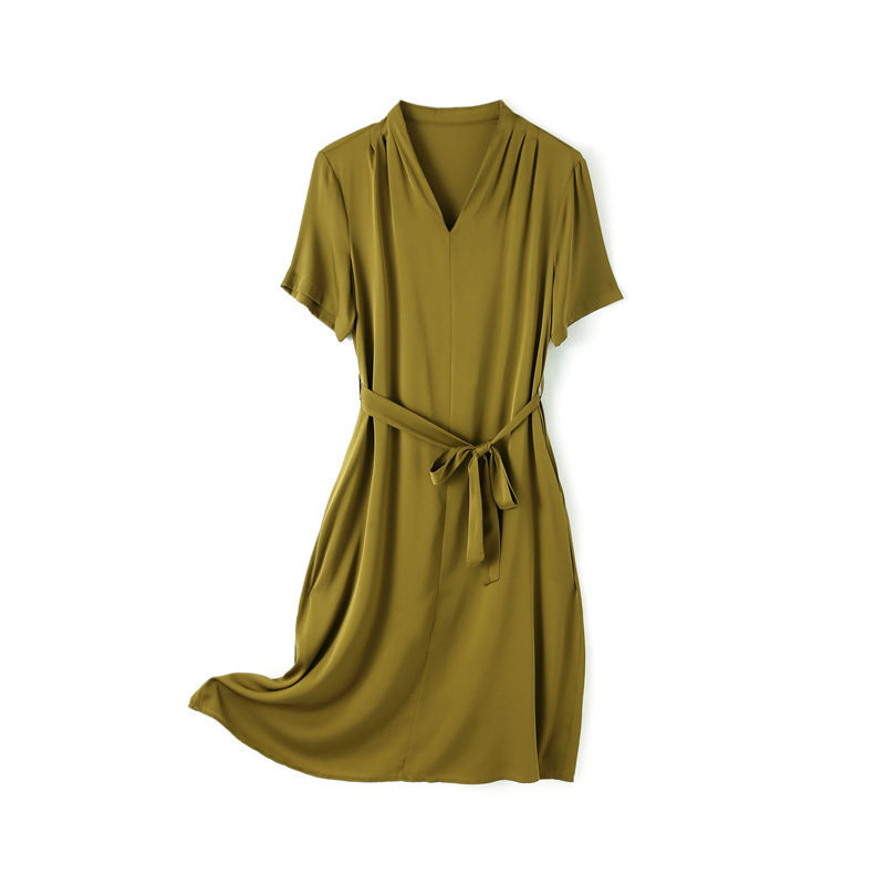 2392 Silk Dress High-end Atmospheric Solid Color Fresh Green Tight Waist Slimming Mid-length V-neck Mulberry Silk Dress