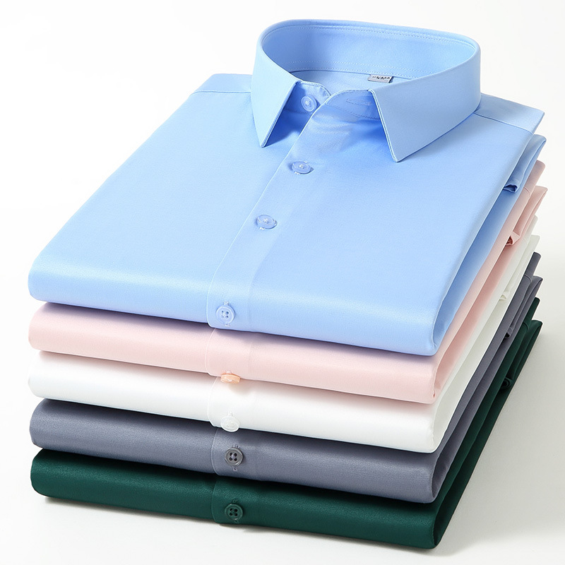 New Youth Men's Long Sleeve Shirt Fashion Business Slim Solid Color Base Shirt Seamless Stretch Slim Top