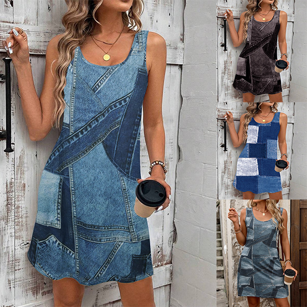 2025 spring and summer Europe and the United States cross-border new women's clothing Amazon independent station trend Denim printing women's dress women
