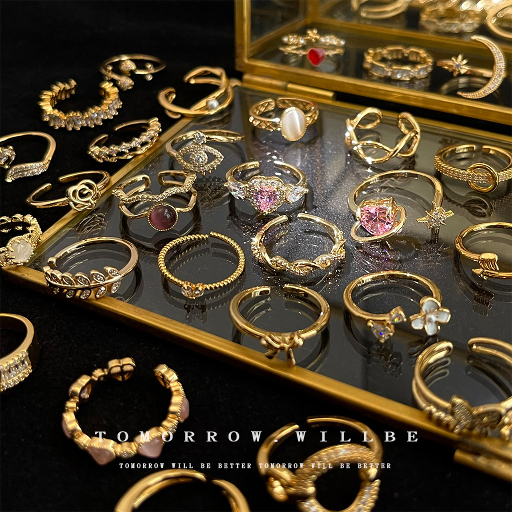 Light luxury high-grade zircon ring female niche design fashion all-match index finger ring real gold electroplating open ring