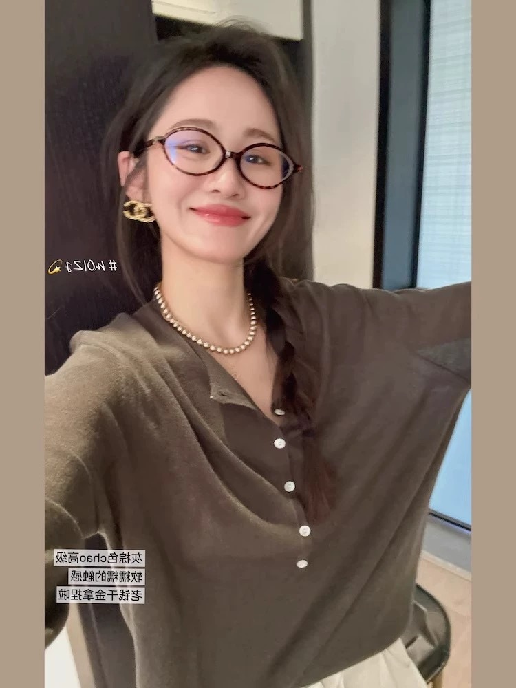 Ju Soft Lyocell Tencel Open-Button Henry Long-Sleeve T-Shirt Knit Top for Women, Slightly Sheer, Loose Fit, Versatile Long-Sleeve Cover-Up