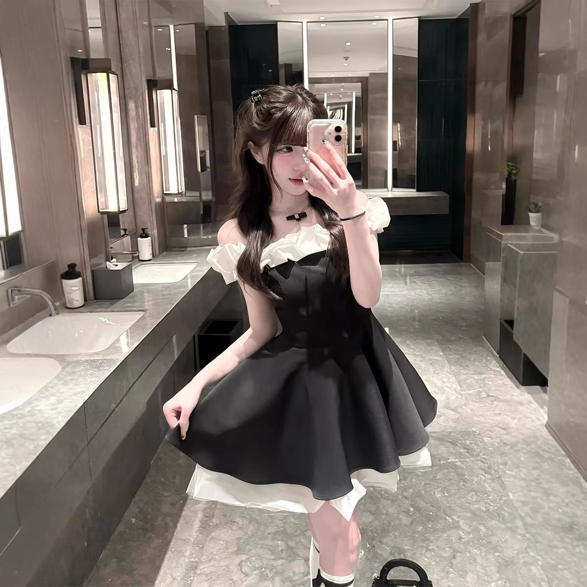 French-Style Princess-Style One-Line Neckline Patchwork Dress, New Summer Model, High-End and Stunning Birthday Ballet Tutu Dress