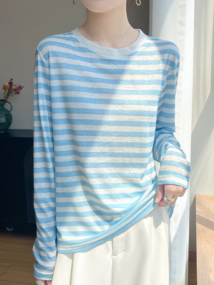 Korean-Style Striped Color-Blocked Knitted Long-Sleeve T-Shirt for Women, Color-Blocking Round-Neck Knitted Pullover, 2026 New Casual Top