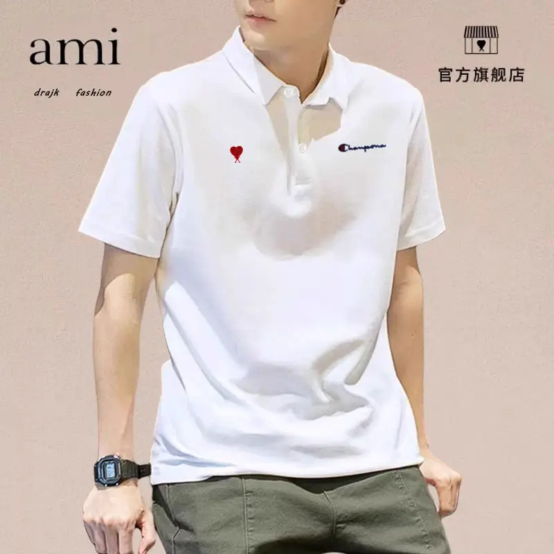 Genuine Ami Drajkpolo Shirt Summer Sports Trendy Ice Half Sleeve Tops White Boys Lapel Short-Sleeved T-Shirt