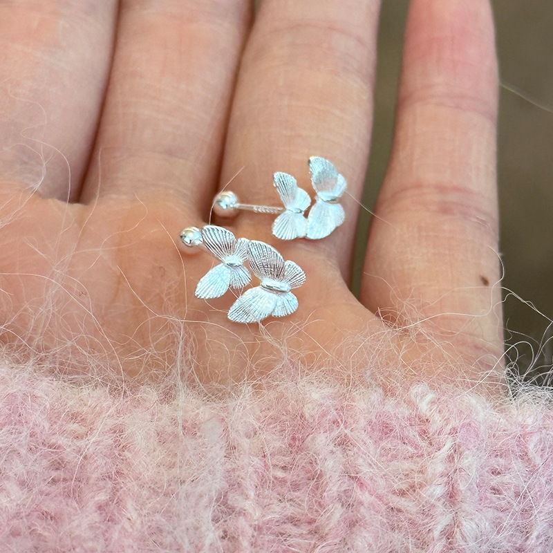 999 pure silver double butterfly stud earrings women's simple cold style elegant rotating screw twist buckle ear piercing earrings 9584D