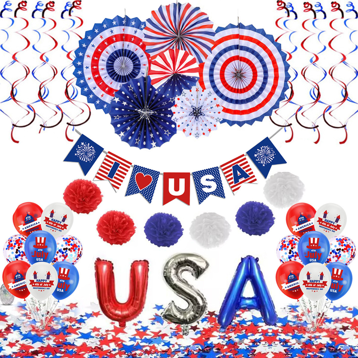 2023 American National Day Party Decoration USA Flag Balloon Paper Flower Ball Set Independence Day Celebration Layout Confetti